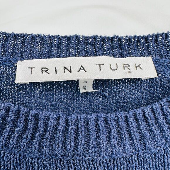 Trina Turk Sz Small Navy Blue Orange Chevron Print Long Sleeve Thin Knit Sweater - Picture 6 of 7